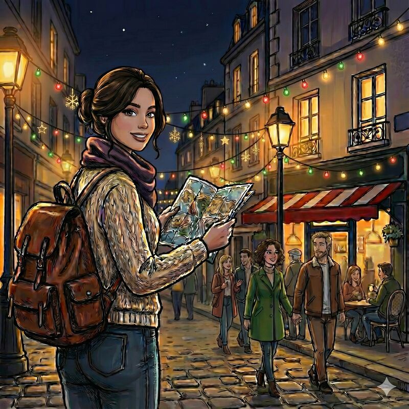Traveler exploring a Parisian street at night